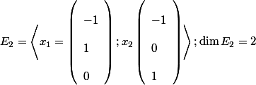 \[{E_2} = \left\langle {{x_1} = \left( \begin{array}{l}
 \\  - 1\\
 \\ 1\\
 \\ 0
 \\ \end{array} \right);{x_2}\left( \begin{array}{l}
 \\  - 1\\
 \\ 0\\
 \\ 1
 \\ \end{array} \right)} \right\rangle ;\dim {E_2} = 2\]